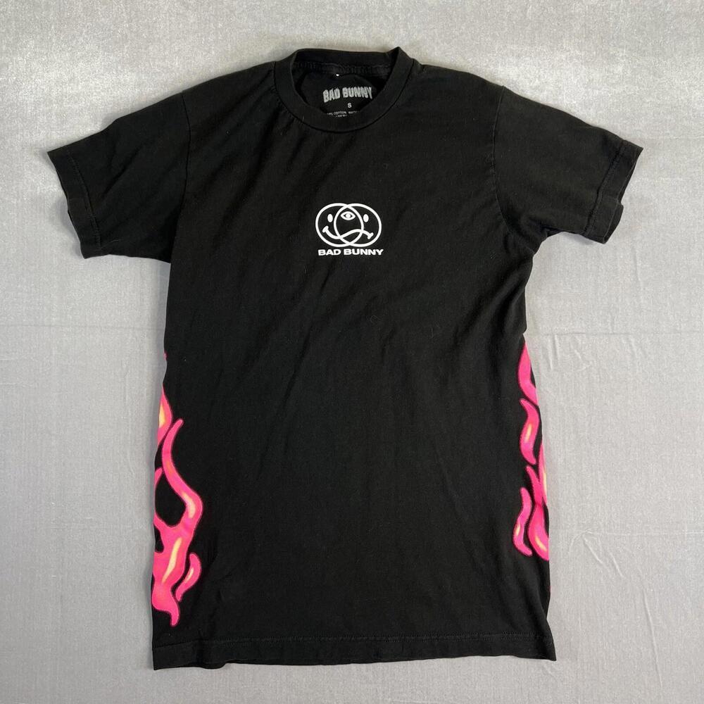 Bad Bunny T Shirt Size Small Black Pink Flames Smiley Face Reggaeton Latin Tour